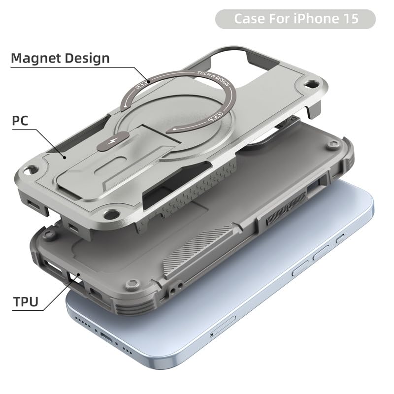 US LITE Back Cover for iPhone 15 with Portable Kickstand | Mag-Safe Compatible Magnetic Case | Shockproof Military Grade Protection | Extreme Protection Phone Cover – Grey - Image 4