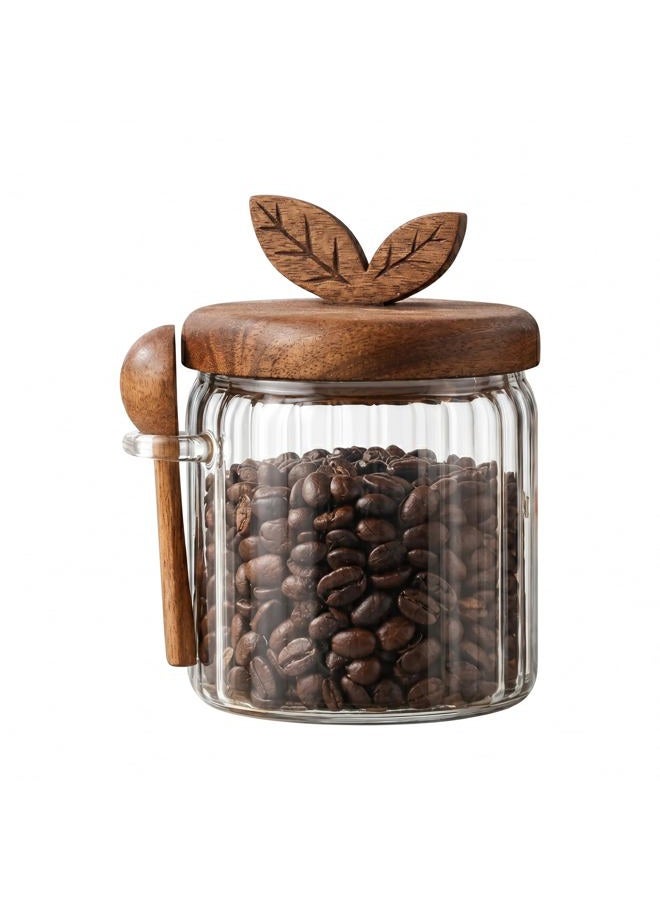Splotiva Glass Coffee Canister with Wooden Lid & Spoon, Airtight Food Storage Jar for Coffee, Sugar, Salt, Tea & Snacks (17oz) - Image 1