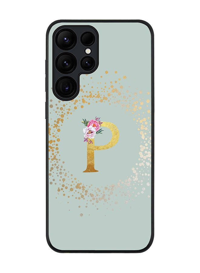 Stylizedd Rugged Black edge case for Samsung Galaxy S24 Ultra Case Cover- Custom Monogram Initial Letter Floral Pattern Alphabet-P  (Light Grey ) - Image 1