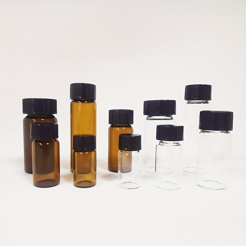5 Pack Brown 10ml Clear Glass Vials With Black Plastic Screw Caps - Image 2