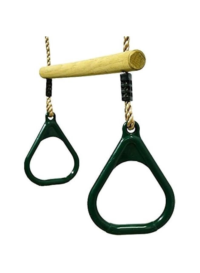 Wooden Trapeze with Plastic Gym Rings - Outdoor N Indoor Playground 2 in 1 Swing Set Accessories for Kids (Green).  - Image 2
