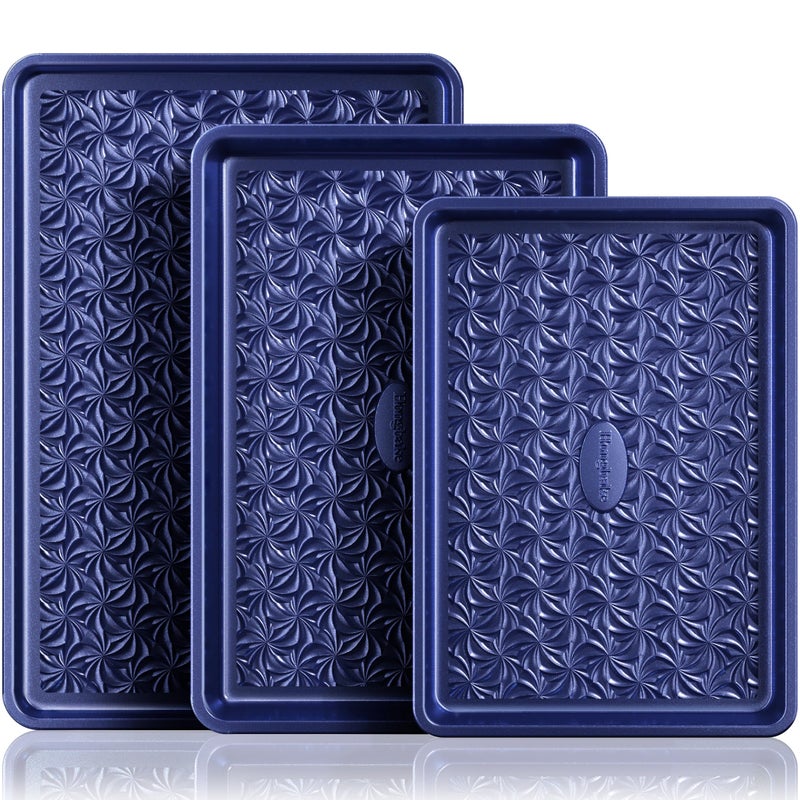 HONGBAKE Nonstick Baking Sheet Pan Set of 3, Cookie Sheets for Oven, Non-Toxic Half/Quarter/Jelly Roll Pans with Floral Swirl Texture, Heavy Duty 0.8mm Thick Oven Trays for Cooking, Blue - Image 1