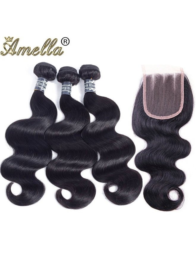 Amella Hair 8A Brazilian Body Wave with Lace Closure (12 14 16+10 Three part) 100% Unprocessed Virgin Brazilian Body Wave Human Hair Extensions with 4x4 Lace Closure Natural Color 315g in Total  - Image 2