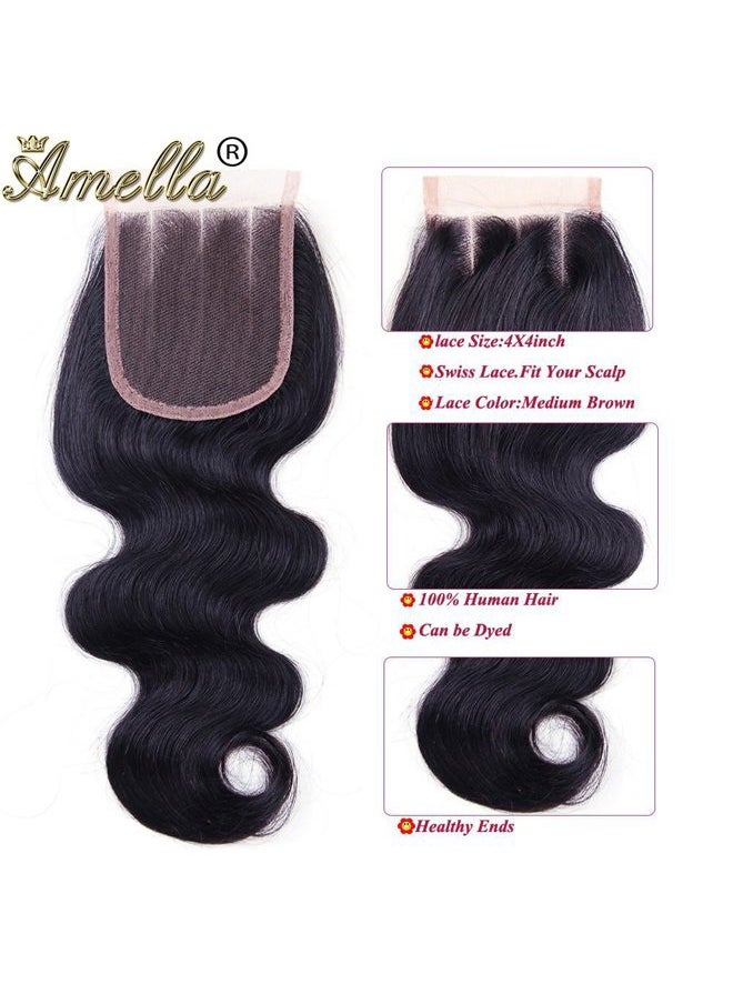 Amella Hair 8A Brazilian Body Wave with Lace Closure (12 14 16+10 Three part) 100% Unprocessed Virgin Brazilian Body Wave Human Hair Extensions with 4x4 Lace Closure Natural Color 315g in Total  - Image 4