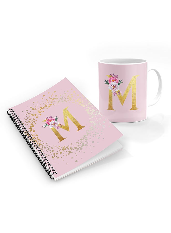 Stylizedd Printed Coffee Mug + A5 Spiral Notebook Memo Personalised Combo Gift Set Custom Monogram Initial Letter Floral Pattern Alphabet - M  (Pink )