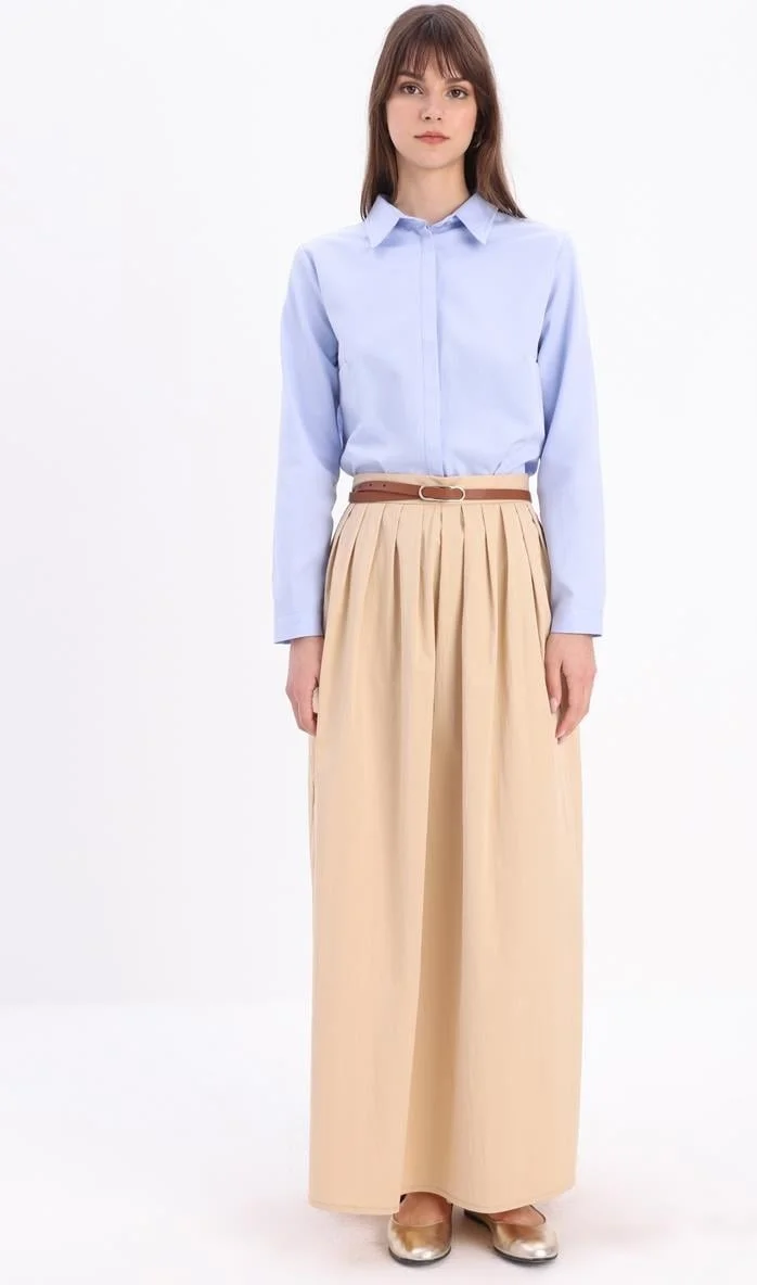 Allday Beige-Waist Pleated Flared Skirt