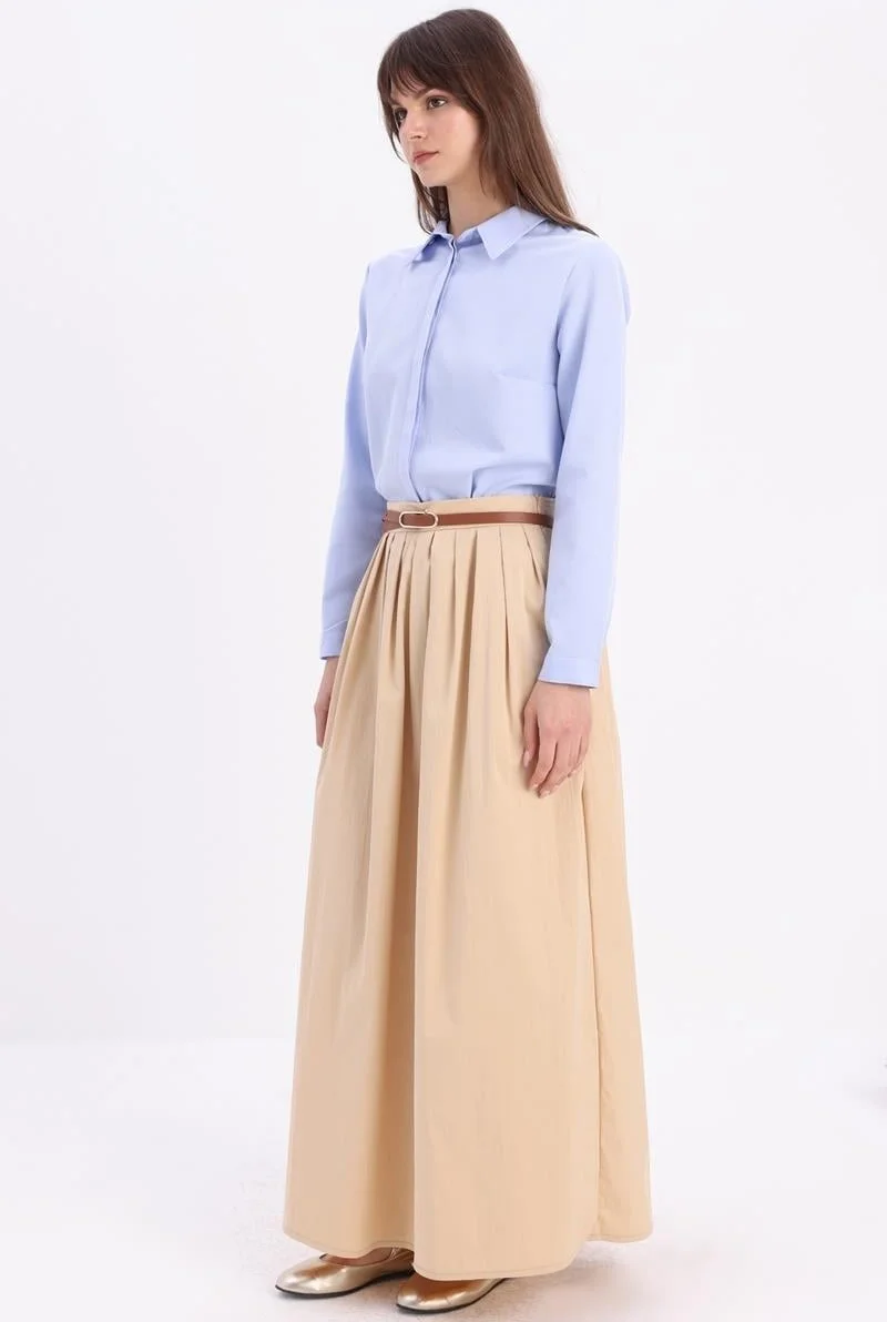 Allday Beige-Waist Pleated Flared Skirt