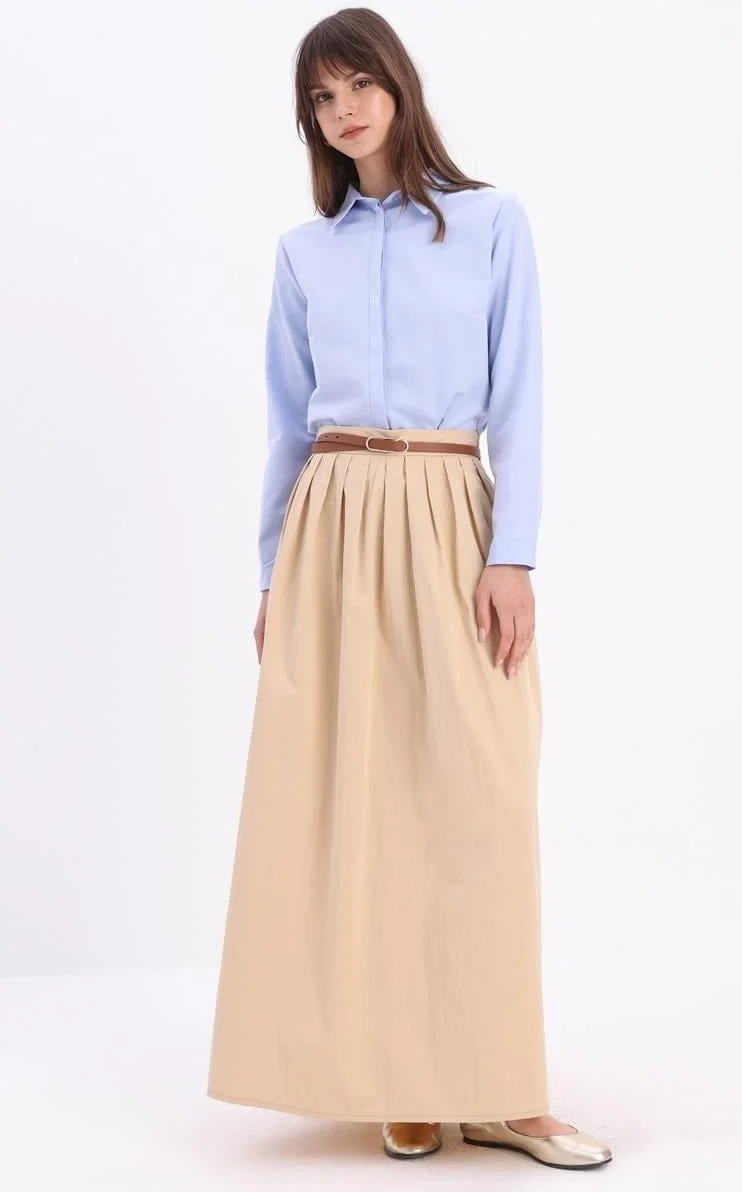 Allday Beige-Waist Pleated Flared Skirt