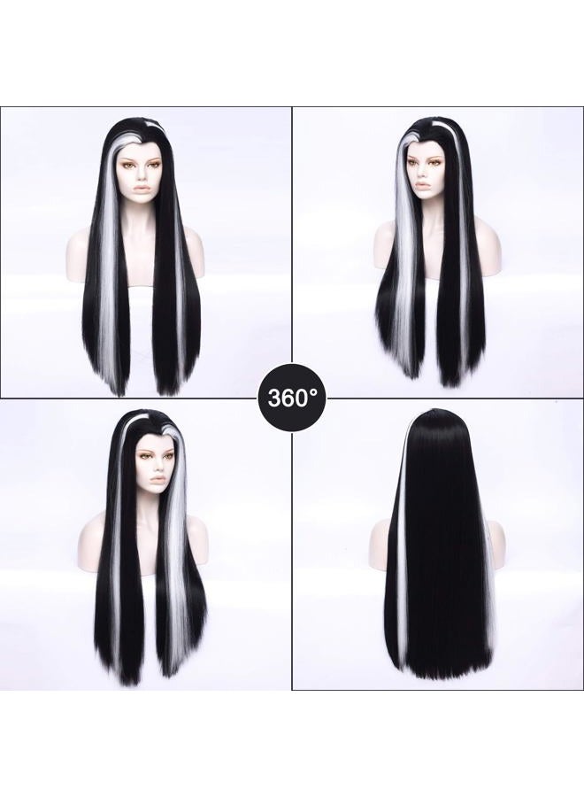 Morticia Long Straight Black and White Mixed Widow Peak Design Women Costume Wig - Image 4