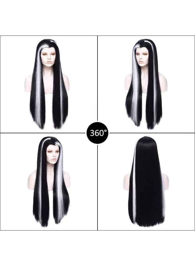 Morticia Long Straight Black and White Mixed Widow Peak Design Women Costume Wig - Image 5