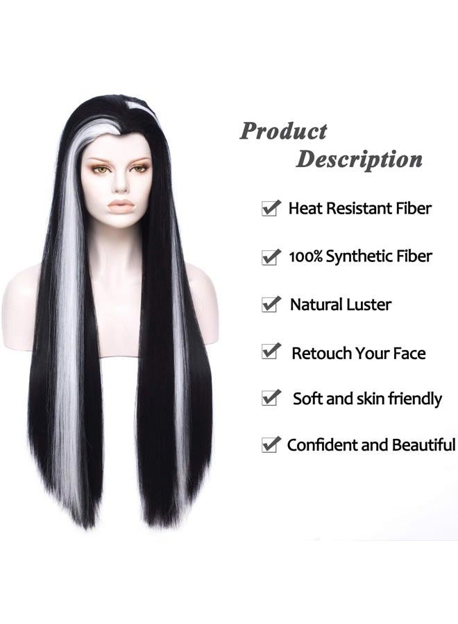 Morticia Long Straight Black and White Mixed Widow Peak Design Women Costume Wig - Image 2