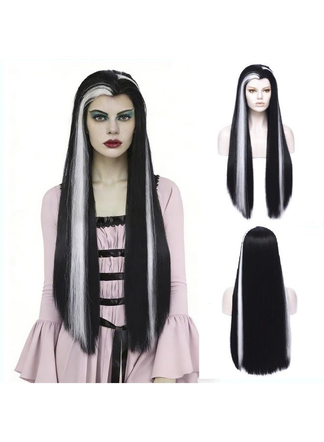 Morticia Long Straight Black and White Mixed Widow Peak Design Women Costume Wig - Image 1