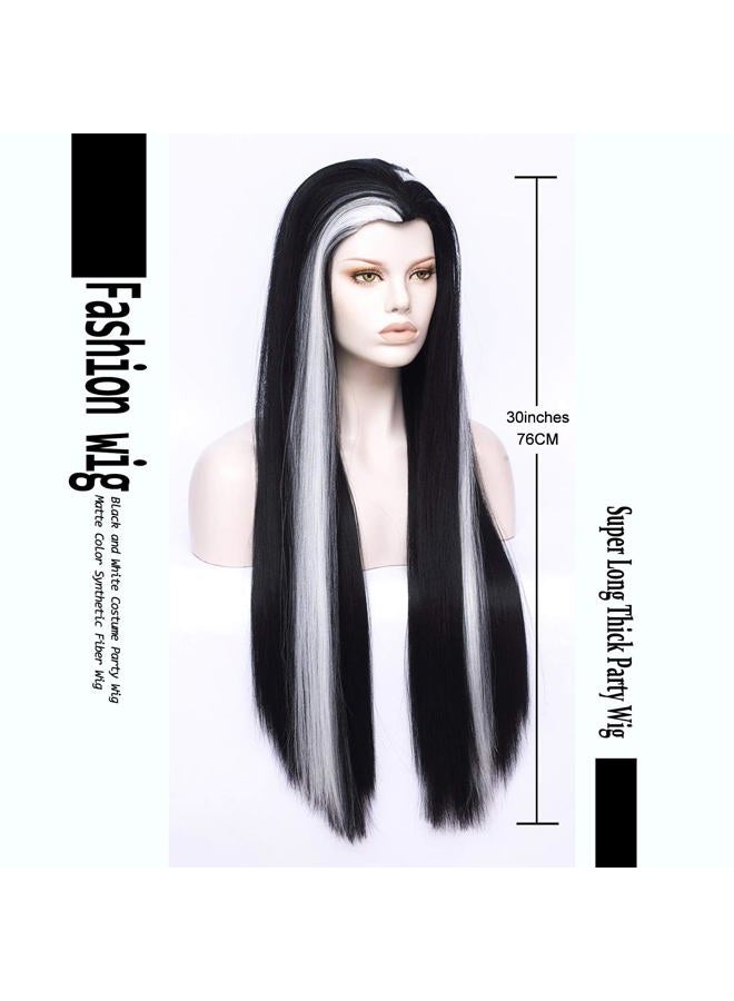 Morticia Long Straight Black and White Mixed Widow Peak Design Women Costume Wig - Image 3