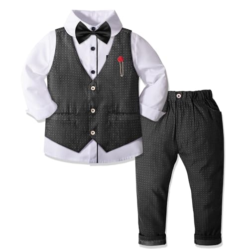 Nwada Boys Suit Set Formal Dress Shirt Bow Tie Slim Vest and Pants Toddler Boy Clothes Suits Gray - Image 2