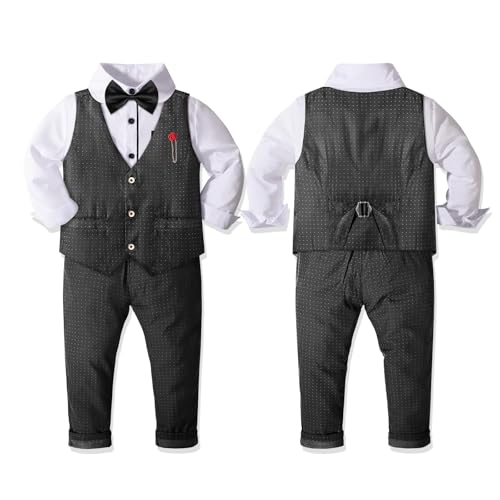 Nwada Boys Suit Set Formal Dress Shirt Bow Tie Slim Vest and Pants Toddler Boy Clothes Suits Gray - Image 3