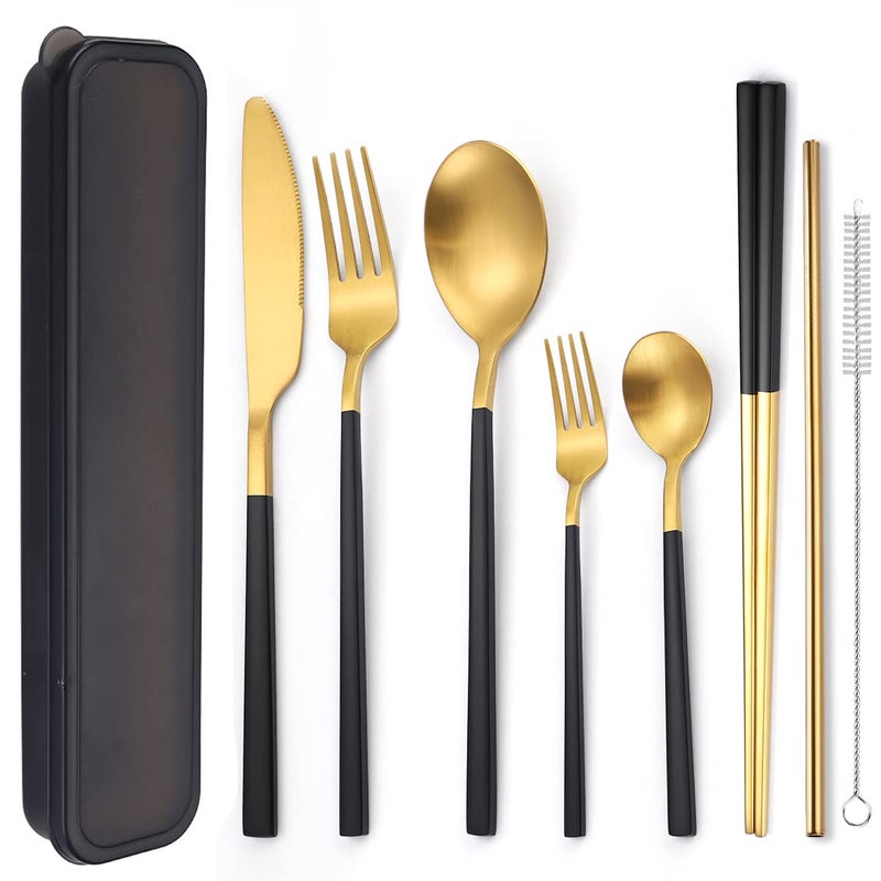 AARAINBOW 6 Pieces Stainless Steel Flatware Set Portable Reusable Cutlery Set Travel Utensils Set Including Chopsticks Knife Fork Spoon Straws Cleaning Brush Dishwasher Safe BBlack golden