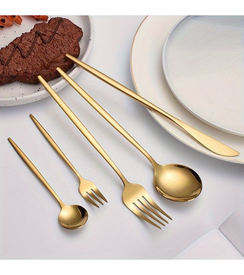 5pcs Golden Stainless Steel Cutlery Set Knife Fork Spoon Teaspoon Comb Durable Modern Flatware - Image 5