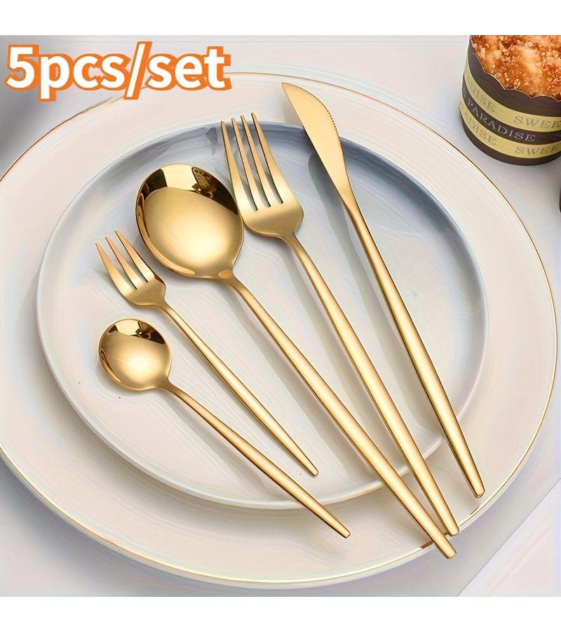 5pcs Golden Stainless Steel Cutlery Set Knife Fork Spoon Teaspoon Comb Durable Modern Flatware - Image 4