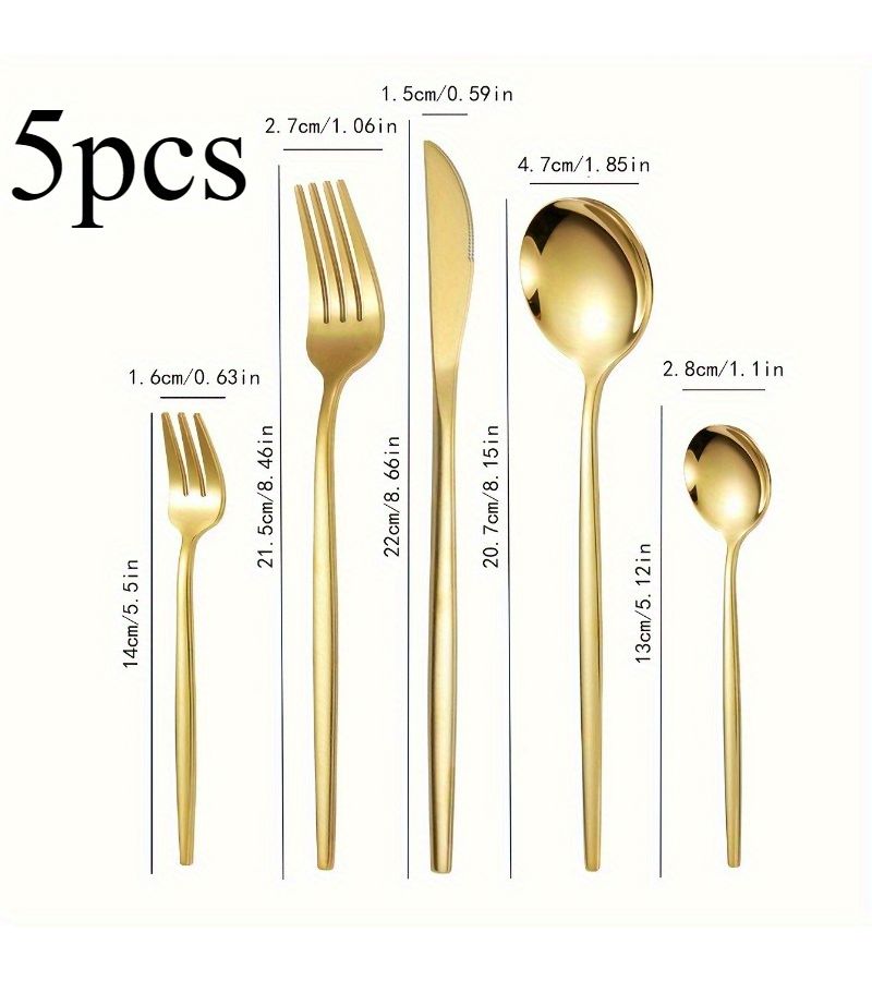5pcs Golden Stainless Steel Cutlery Set Knife Fork Spoon Teaspoon Comb Durable Modern Flatware - Image 2