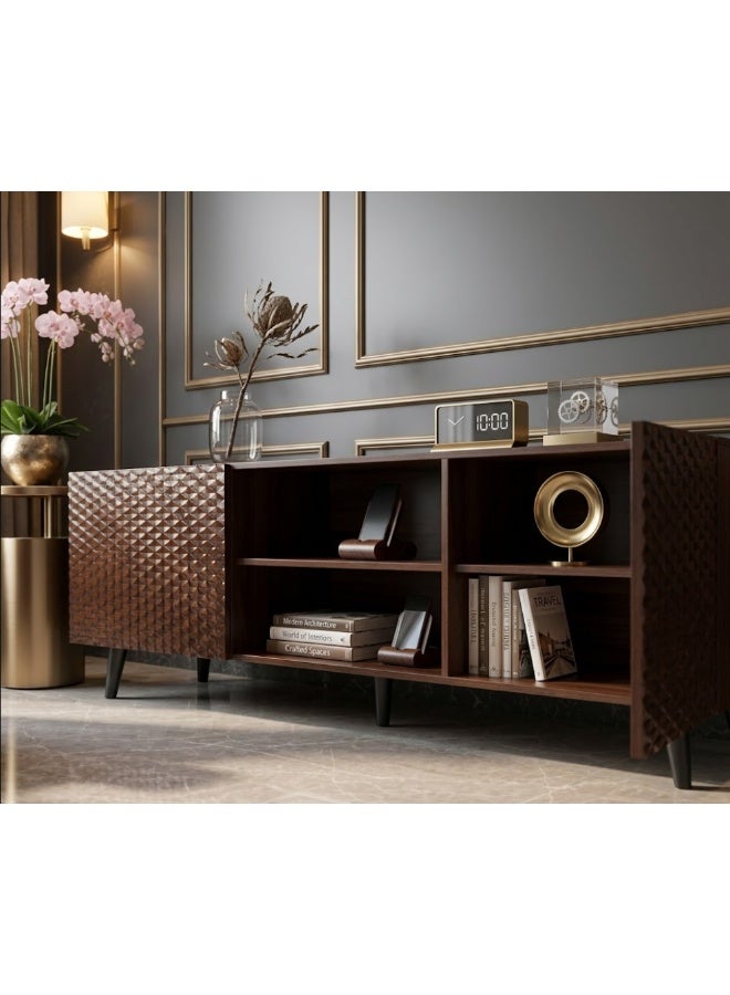 alsaada home Modern wooden TV stand for screens up to 65 inches - 2 storage doors - brown, measuring 180x61x44 cm - Image 4