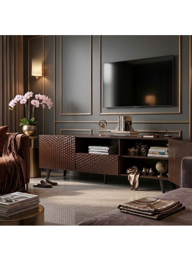 alsaada home Modern wooden TV stand for screens up to 65 inches - 2 storage doors - brown, measuring 180x61x44 cm - Image 3