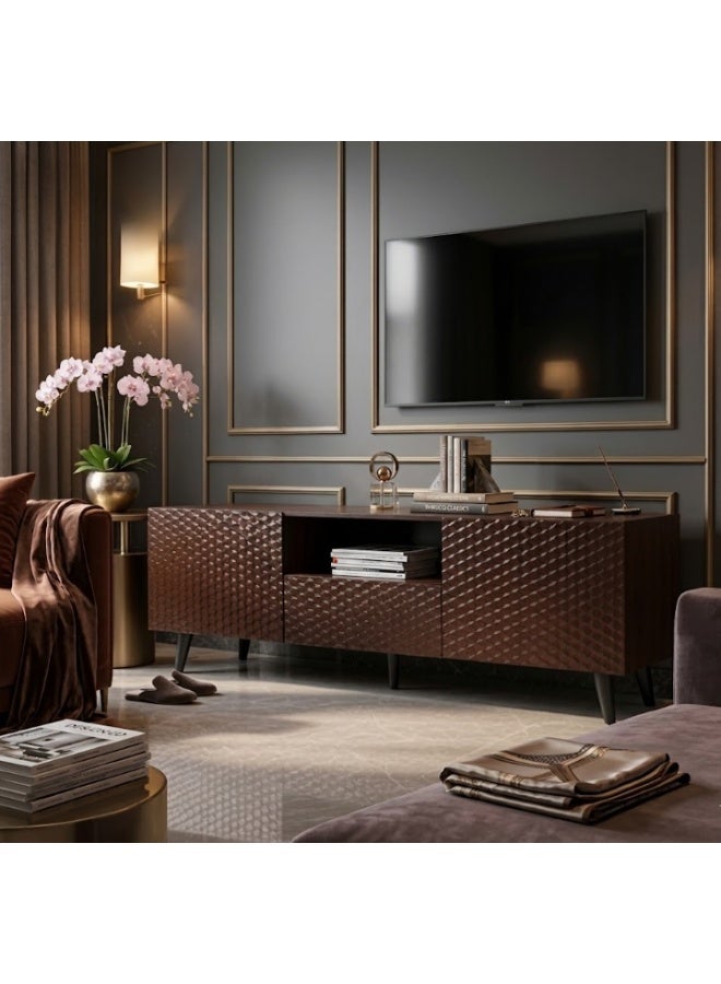 alsaada home Modern wooden TV stand for screens up to 65 inches - 2 storage doors - brown, measuring 180x61x44 cm - Image 2