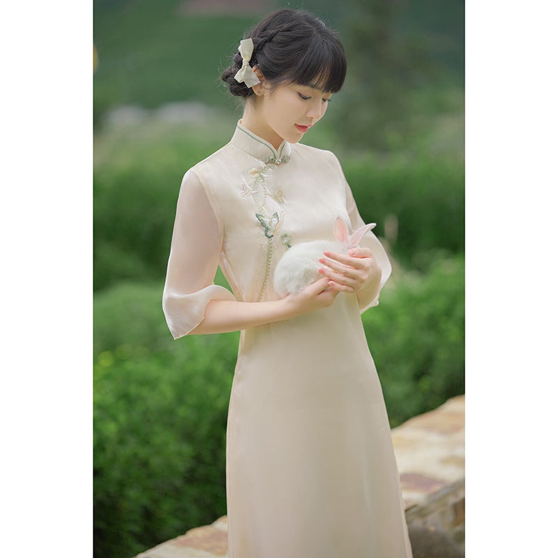 Improved Cheongsam Spring Style Classy Ao Dai Inverted Large Sleeves Elegant Young Girl Young Style Long Chinese Style - Image 4