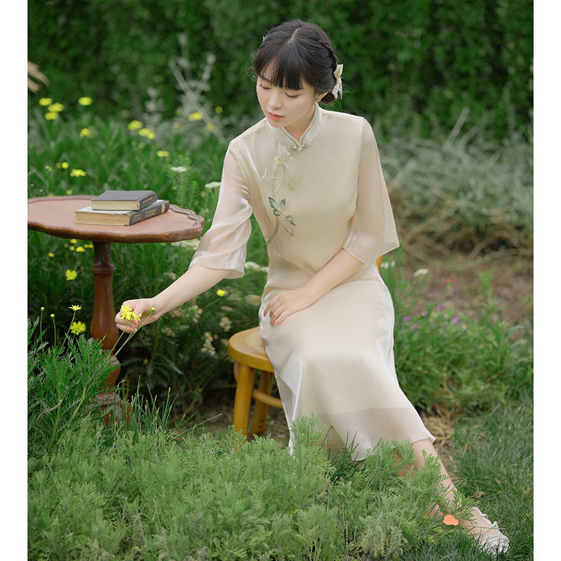 Improved Cheongsam Spring Style Classy Ao Dai Inverted Large Sleeves Elegant Young Girl Young Style Long Chinese Style - Image 3