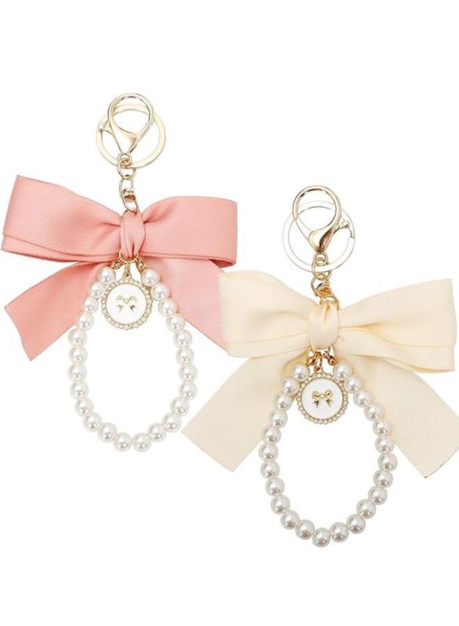 meayul 2Pcs Bow Keychain, Cute Keychain Wristlet Pearl Key Chains for Car Keys Bow Keychain Accessories, Women Girls, Handbags, Backpack, Wallet, Cute Keychain Bracelets  - Image 1