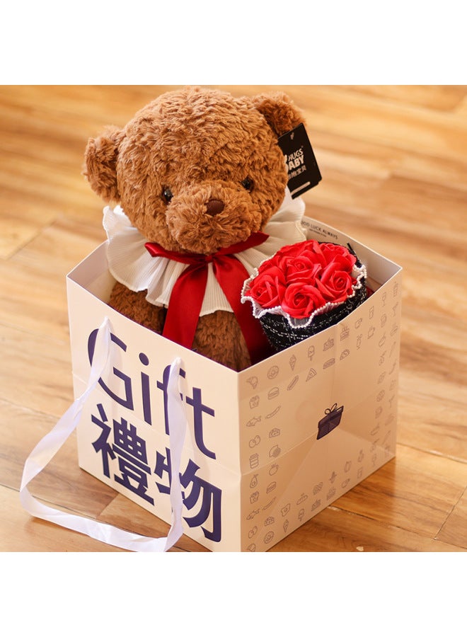 Teddy Bear Doll Hug Bear Plush Toy Bear Doll Bed Sleeping Doll Birthday Gift Girlfriend-Specification:55cm -Colour:Dark Brown Monica Bear Gift Tote Bag + Rose Bouquet - Image 1