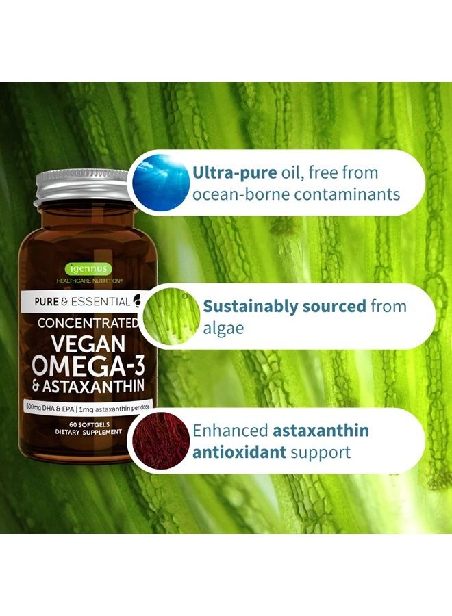 Igennus Healthcare Nutrition Pure & Essential Vegan Omega 3 & Astaxanthin, High Concentration EPA DHA Algae Oil, Sustainable & Pure, 600mg DHA & EPA for Heart, Brain & Eye Health, 60 Small Softgels  - Image 3
