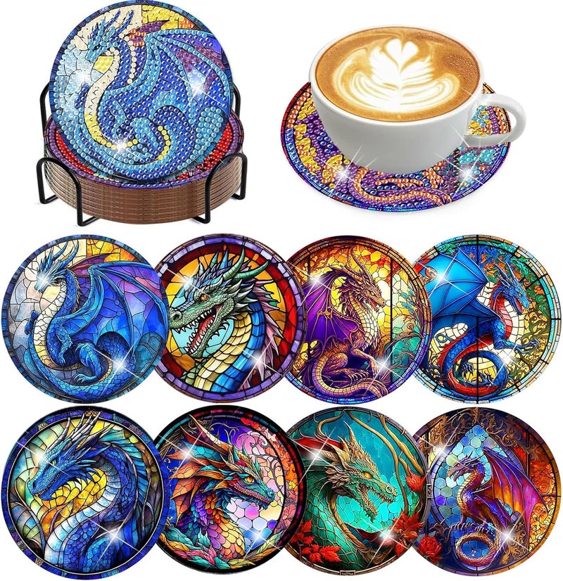 croshom 8 Pcs Diamond Painting Coasters,Dragon Diamond Painting Kits,Dragon Diamond Art Coasters,5D DIY Full Drill Diamond Dots,Diamond Art Kits for Adults Arts and Crafts Supplies - Image 1