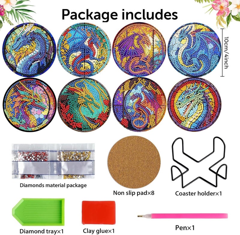 croshom 8 Pcs Diamond Painting Coasters,Dragon Diamond Painting Kits,Dragon Diamond Art Coasters,5D DIY Full Drill Diamond Dots,Diamond Art Kits for Adults Arts and Crafts Supplies - Image 2