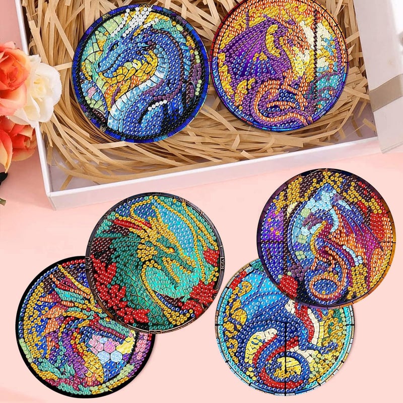 croshom 8 Pcs Diamond Painting Coasters,Dragon Diamond Painting Kits,Dragon Diamond Art Coasters,5D DIY Full Drill Diamond Dots,Diamond Art Kits for Adults Arts and Crafts Supplies - Image 5