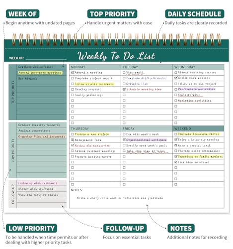 ALKALO 104 Pgs Weekly To Do List Notepad 52 DuplexPrinted Undated Sheets 100 GSM8511 Weekly Desk Planner For Work Home School Office Desk Accessories Supplies Goal Setting Tasks Green - Image 3