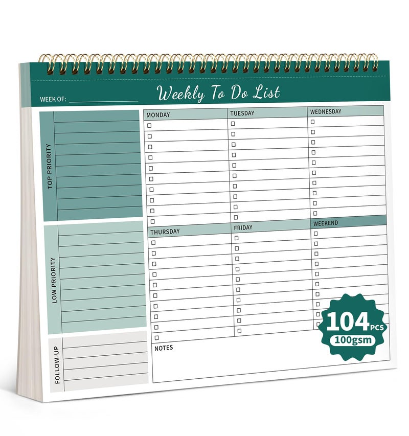 ALKALO 104 Pgs Weekly To Do List Notepad 52 DuplexPrinted Undated Sheets 100 GSM8511 Weekly Desk Planner For Work Home School Office Desk Accessories Supplies Goal Setting Tasks Green - Image 2