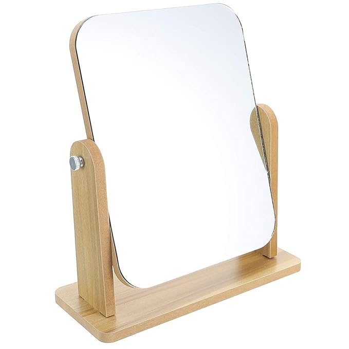 Loop Group � Wooden Tabletop Makeup Mirror Vanity Table Stand Mirror Swivel Bamboo Mirror for Bedroom Bathroom Desk (Square Shape, Framed) - Image 5