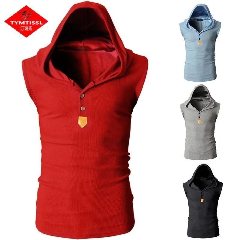 Mens Fitness Sleeveless Sweater Hooded Vest Cardigan Korean Sports Vest Slim Fit Top Waistcoat Summer Hoodie Red. color pullover 