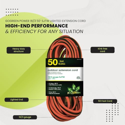 Power By GoGreen Go Green Power Inc. 14/3 50ft Outdoor Lighted Extension Cord - Heavy Duty, Contractor Grade, Moisture Resistant, Visible Power Indicator for Safety - Ideal for Tools & Equipment - GG-13850 - Image 5