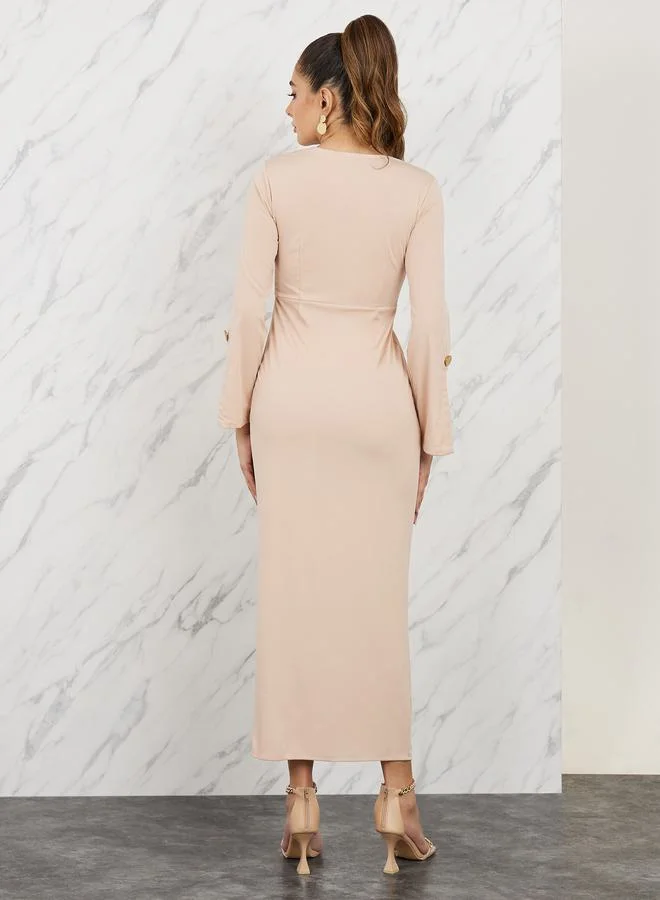 تايك تو Lace Trim Neck Button Detail Front Slit Maxi Dress