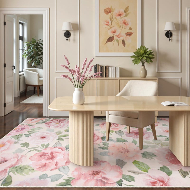 La Home Lahome Floral Nursery Rug 5x7 Area Rugs,Soft Boho Pink Rugs for Bedroom Girls,Low Pile Large Living Room Rug, Home Decor Carpet for Dining Room Playroom Farmhouse, Beige/Multi - Image 3
