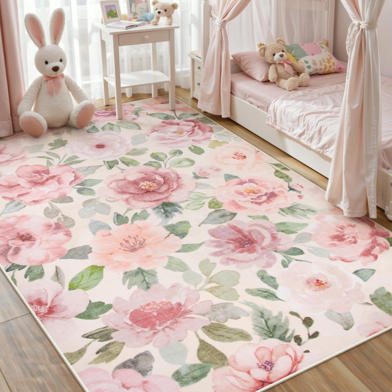 La Home Lahome Floral Nursery Rug 5x7 Area Rugs,Soft Boho Pink Rugs for Bedroom Girls,Low Pile Large Living Room Rug, Home Decor Carpet for Dining Room Playroom Farmhouse, Beige/Multi - Image 1