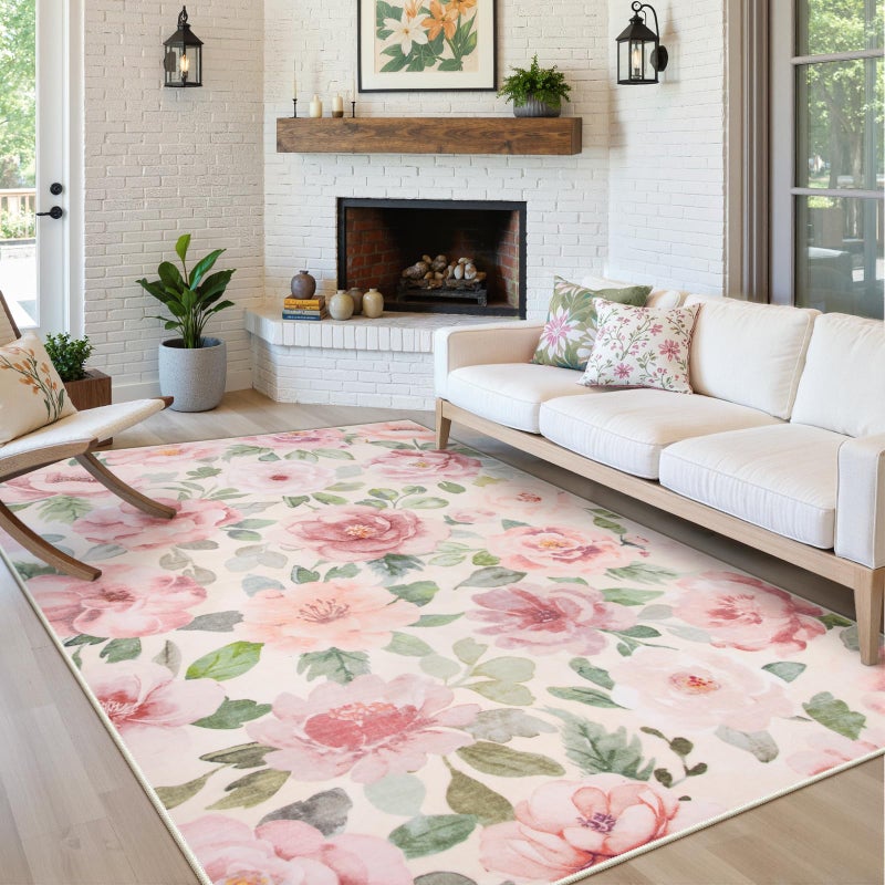 La Home Lahome Floral Nursery Rug 5x7 Area Rugs,Soft Boho Pink Rugs for Bedroom Girls,Low Pile Large Living Room Rug, Home Decor Carpet for Dining Room Playroom Farmhouse, Beige/Multi - Image 2