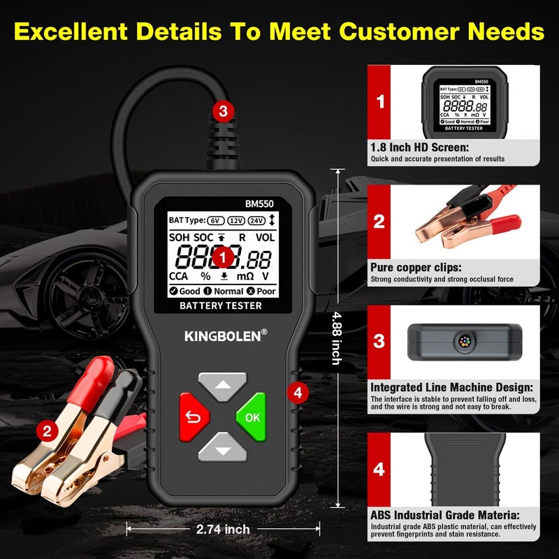 مختبر البطاريات المتعدد الوظائف BM550 لجهد 6V 12V 24V مع شاشة عالية الوضوح كبيرة الحجم - Image 3