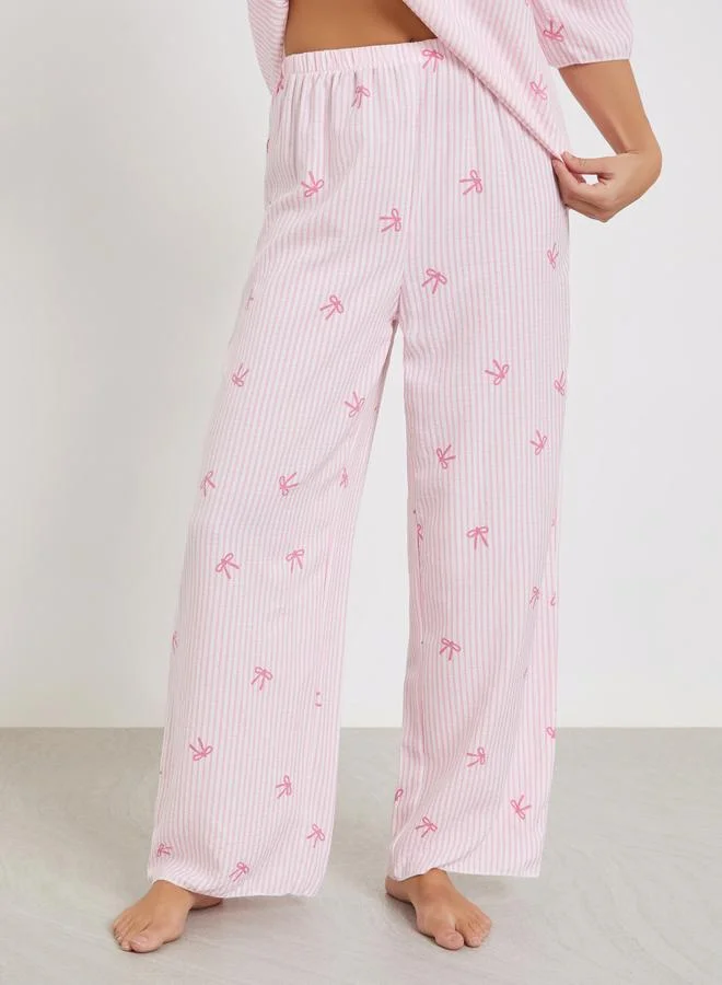 Styli All-Over Stripe and Bow Print Tie-Up Neck Top and Pyjama Set