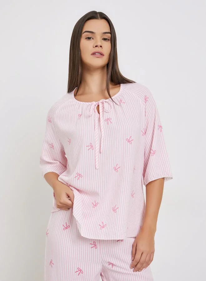 Styli All-Over Stripe and Bow Print Tie-Up Neck Top and Pyjama Set