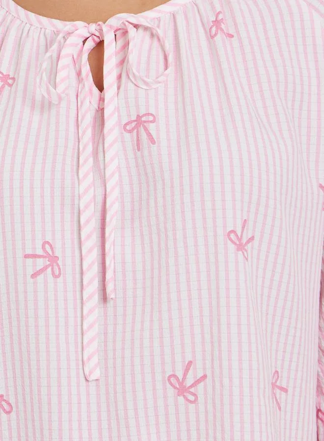 Styli All-Over Stripe and Bow Print Tie-Up Neck Top and Pyjama Set