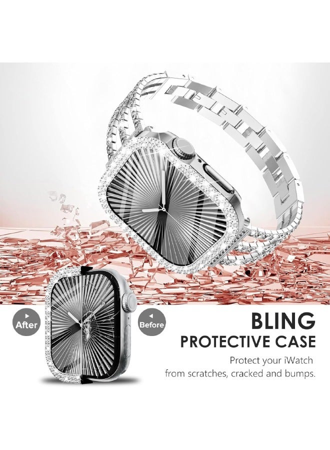 Compatible with Apple Watch Series 10 46mm Bling Case with Screen Protector, Double Row Crystal Diamond Design Hard PC Waterproof Bumper Case for iWatch Series 10 (2024) 46mm, Silver  - Image 5