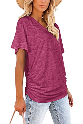 WIHOLL Womens Short Sleeve Shirts Tshirts V Neck Plus Size Tops Summer Outfits Oversized Tshirts Fuchsia XXL - Image 3