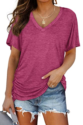 WIHOLL Womens Short Sleeve Shirts Tshirts V Neck Plus Size Tops Summer Outfits Oversized Tshirts Fuchsia XXL - Image 5